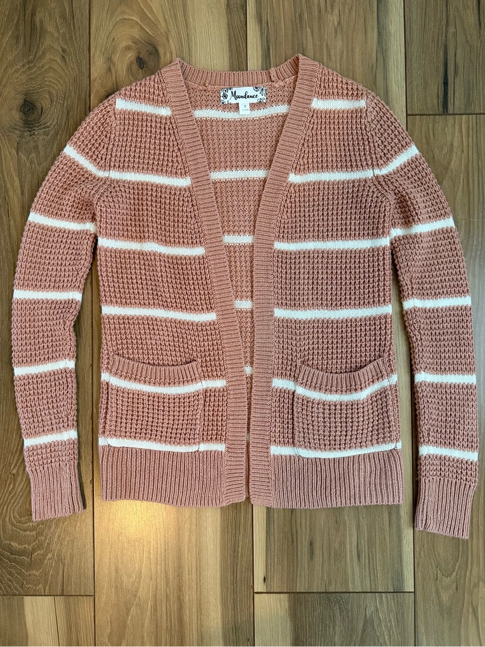 Moondance Girls Pink White Striped Waffle Knit Cardigan Size S (7/8)